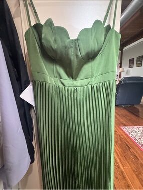 Azazie Olive Green Strapless Pleated Midi Dress with Scallop Bust